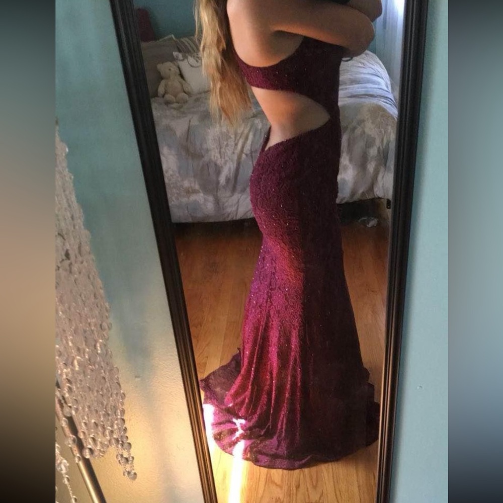 La Femme Red Sequin Halter Gown - Picture 2 of 9